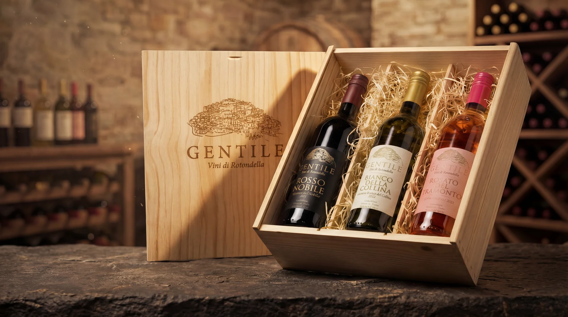 Premium italienischer Wein aus Rotondella Basilicata - Gentile Vini Holzkiste mit drei Weinflaschen im Weinkeller